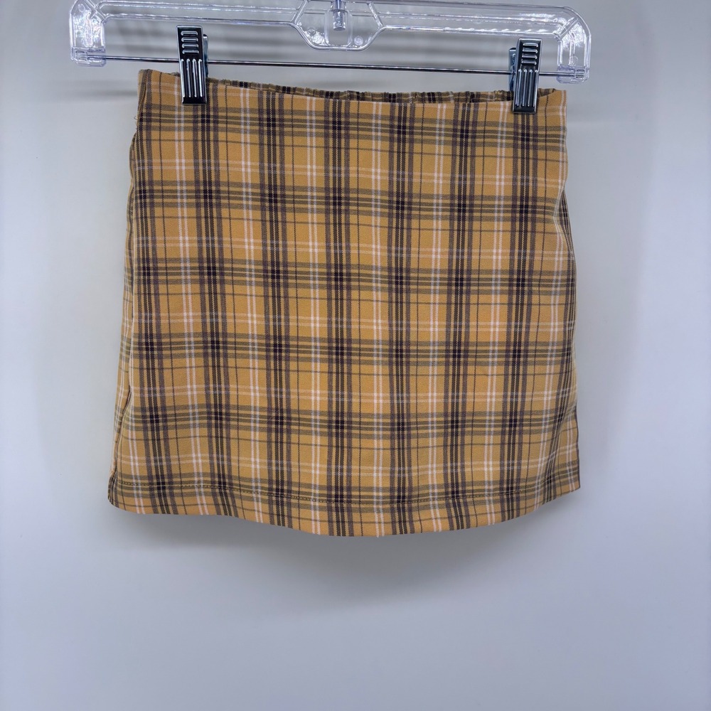 Y2K Plaid Mini Skirt Elastic Waist Tan Brown White Checkered Casual Cute